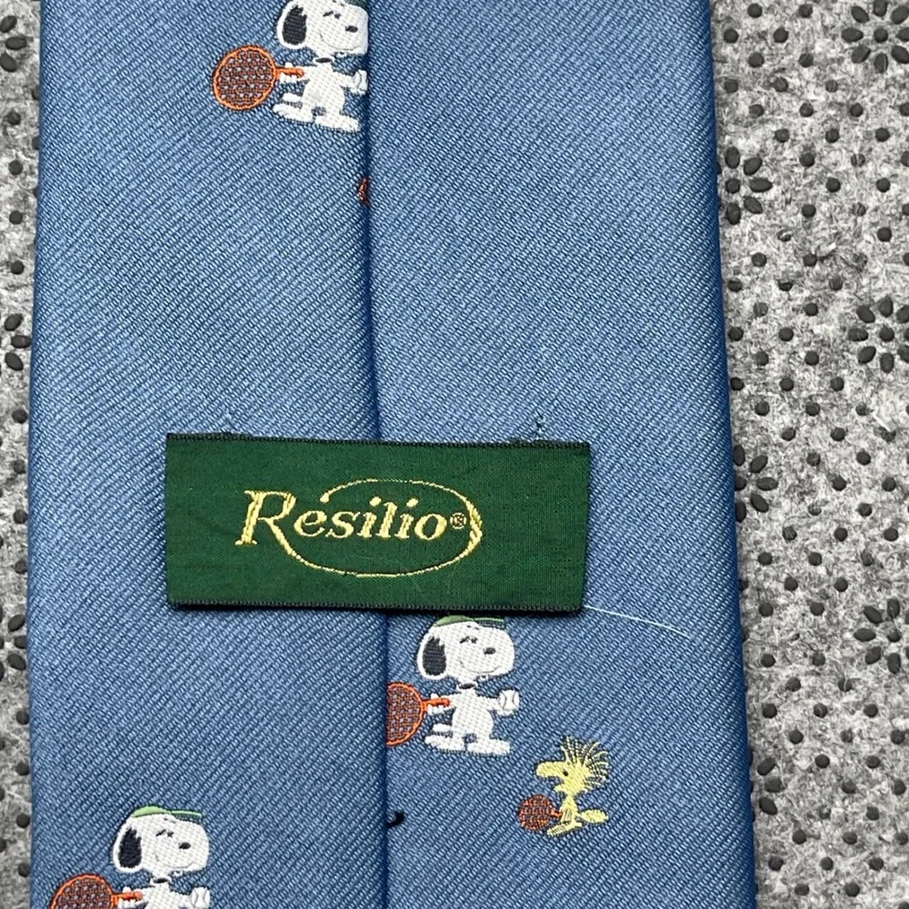 Vintage 70s Resilio Peanuts Snoopy Woodstock Tennis Blue Silk Blend Necktie Tie